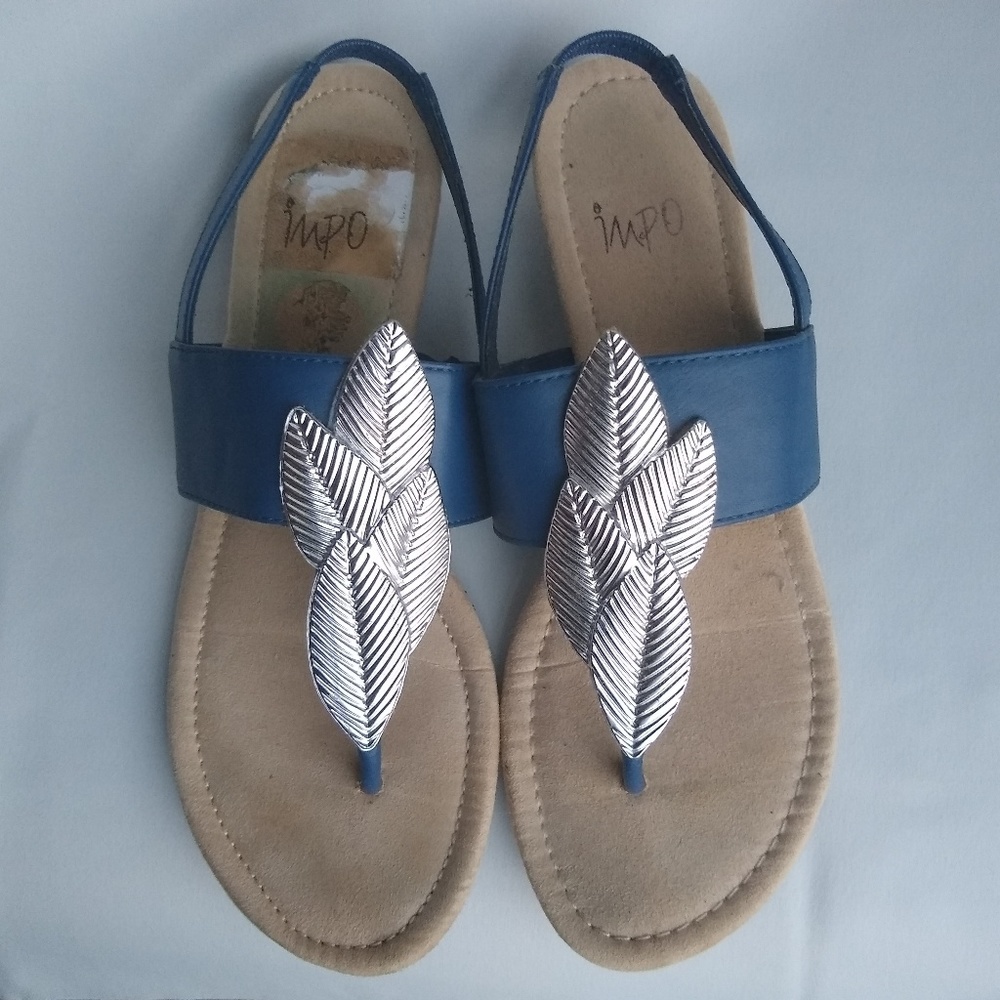Impo Sling Back Low Wedge Sandals in Silver & Blue